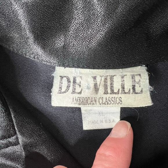 Vintage 90s DeVille Flame Pattern Black Silky Polyester Shirt USA Devil XL Retro - Picture 4 of 11
